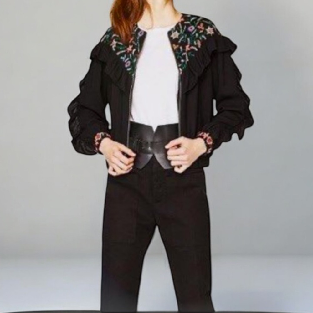 ZARA TRAFALUC Floral Embroidered Frill Black Jacket ~ Like New - Picture 2 of 12